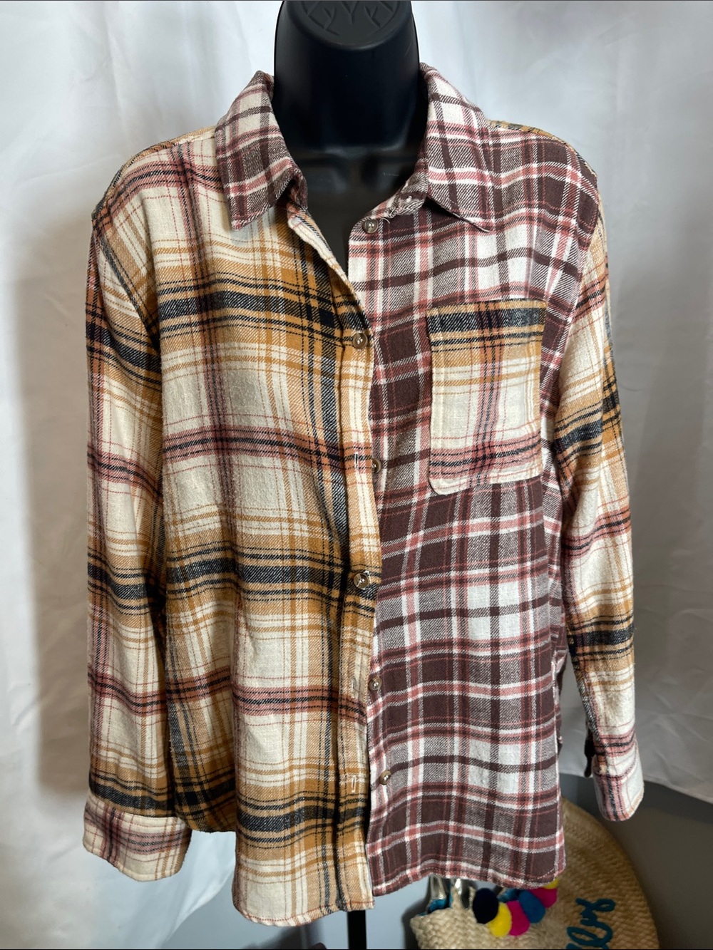 Love Tree Two-Tone Plaid Button-Down Shirt Jacket - Cream, Brown & Tan